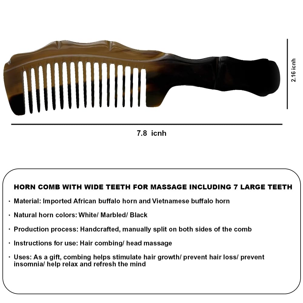 Natural Buffalo Horn Hair Comb, 8 Inch Wide Tooth, Handmade Detangling Comb with Handle for All Hair Types