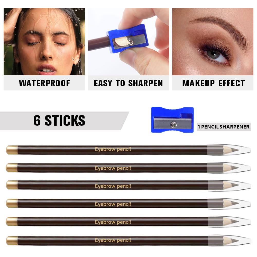 6Pcs Long Eyebrow Pencils Set, Dark Brown Natural Look, for Eyebrows & Eyeliner, Waterproof & Sweat-Proof Wooden Hard-Core Brow Pencil with Sharpener,Long Lasting Makeup Kit for Beginners 105#