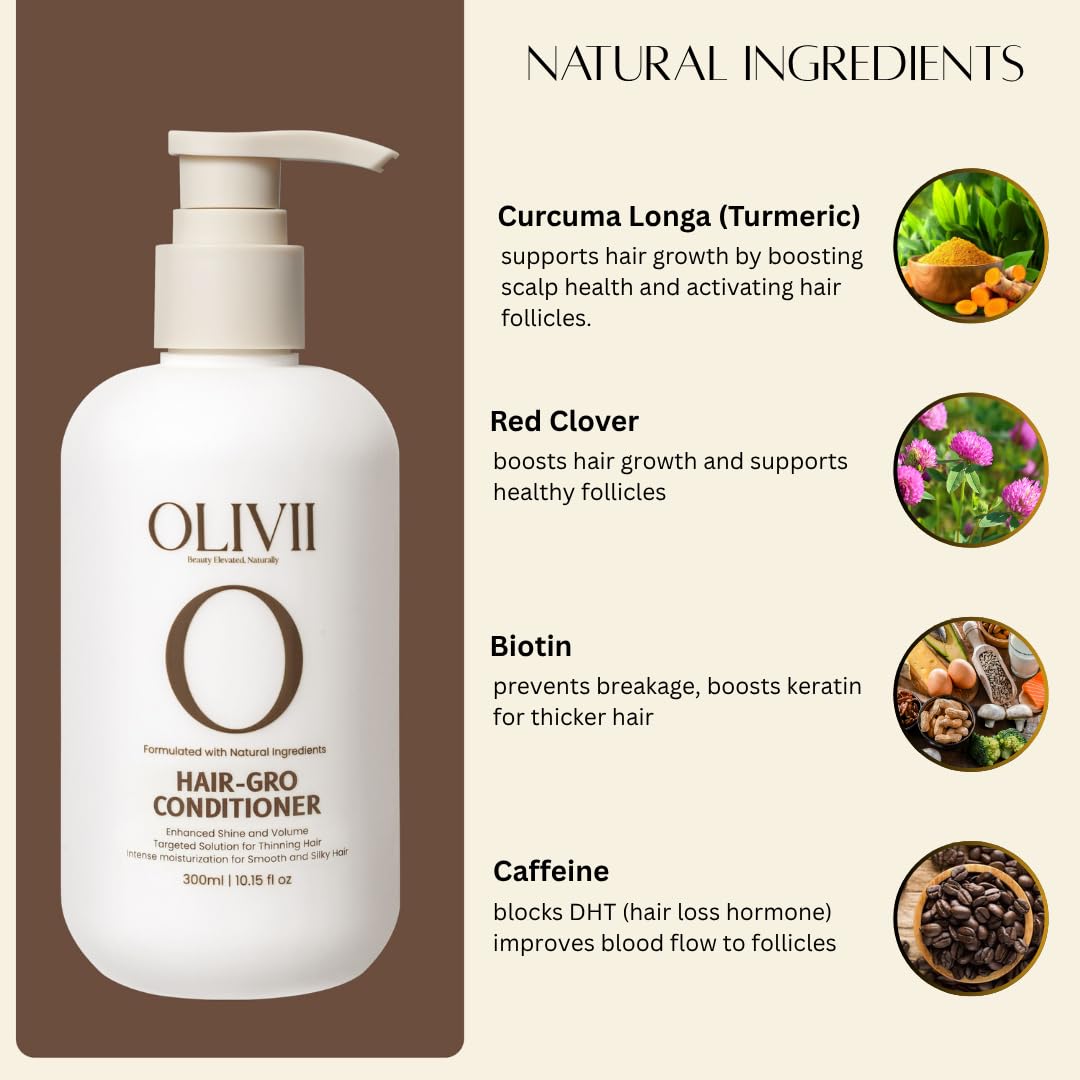 Olivii Hair-Gro Conditioner for Thicker Fuller Hair - Hair Growth with Turmeric, Red Clover, Biotin & Caffeine - Reduces Hair Loss, Soothes Scalp - For All Hair Types