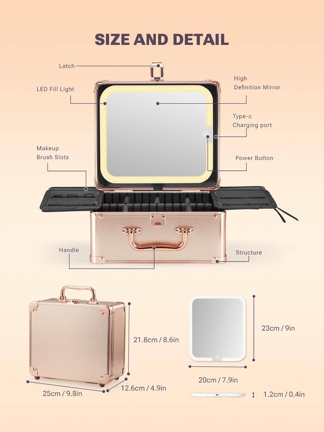 Qislee Makeup Box with A Detachable Lighted Mirror, Waterproof Travel Train Case, Cosmetic Organizer and Makeup Suitcase with Adjustable Dividers, Magnetic LED Mirror(Rose Gold)