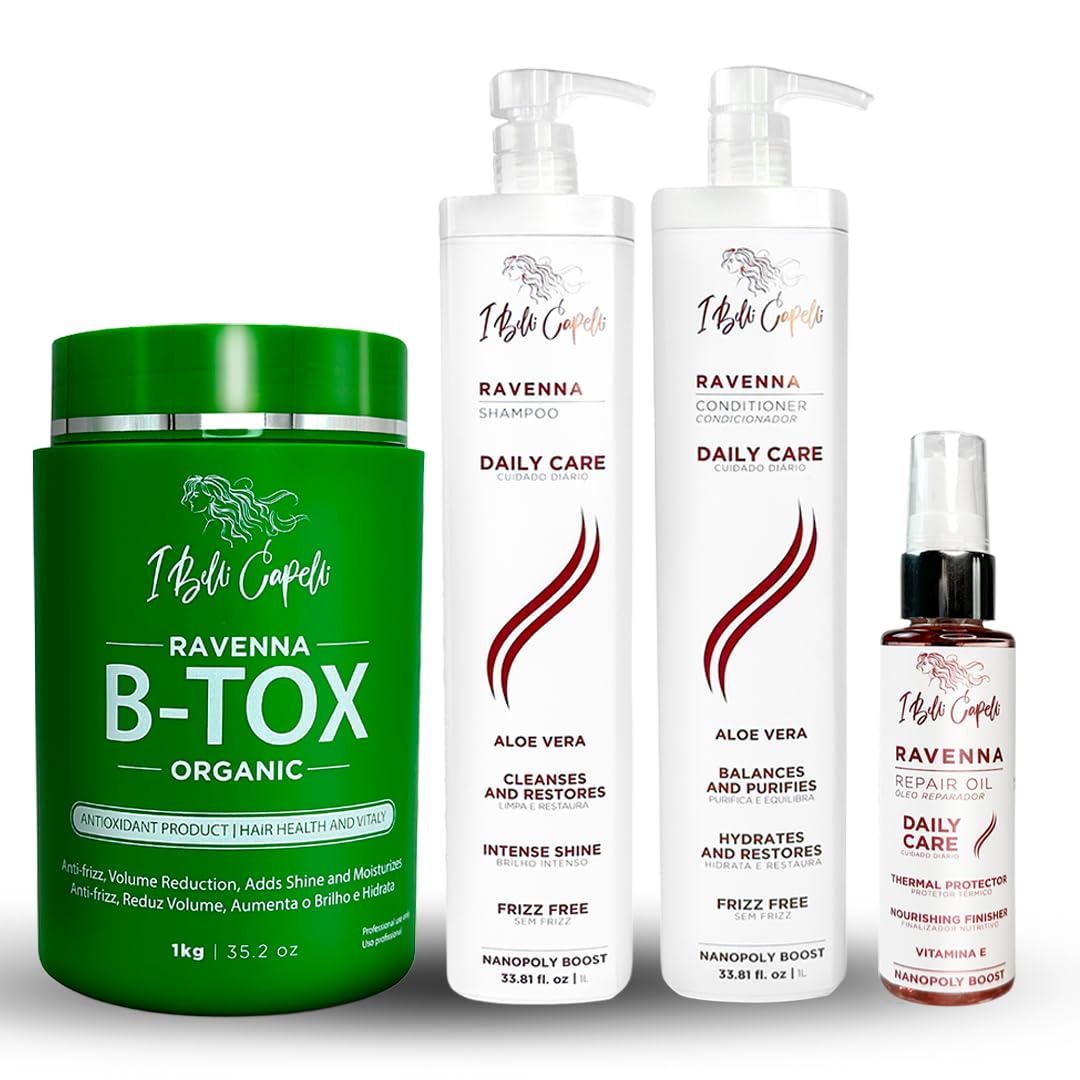 I Belli Capelli Ravenna Hair Straightening Kit – Organic Hair B-tox, Aloe Vera Shampoo & Conditioner, Repair Oil – Anti-Frizz, Intense Hydration, Shine – Formaldehyde-Free –For All Hair Types (4-Pack)