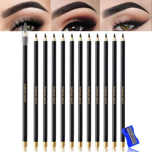 12Pcs Long Eyebrow Pencils Set - Black Natural Look, for Eyebrows & Eyeliner, Waterproof & Sweat-Proof Wooden Hard-Core Brow Pencil with Sharpener, Long Lasting Makeup Kit for Beginners 100#