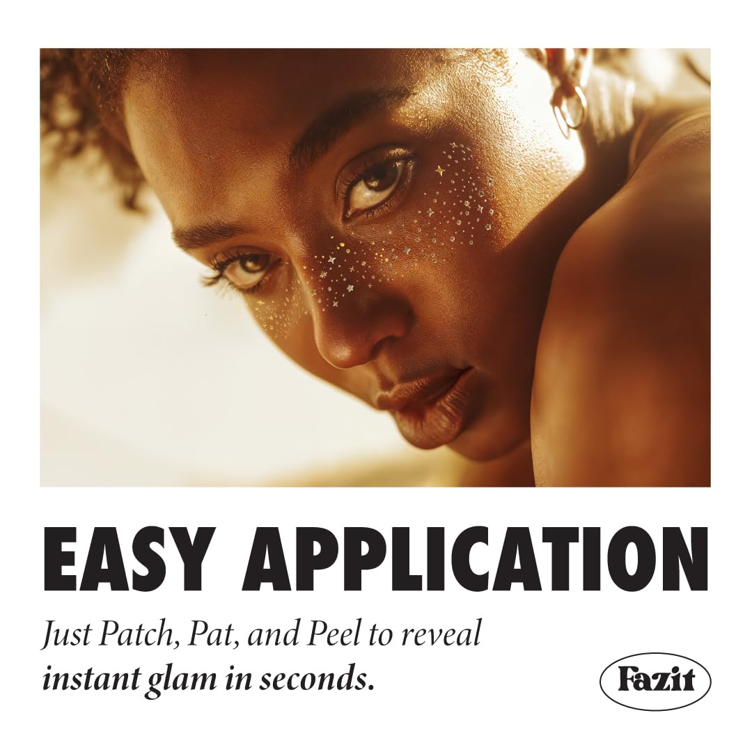 Fazit Makeup Patches - Gold - Face Glitter Makeup Speckles - Glow Up Makeup Patches - Face Glitter Speckles Patches - Cute Glitter Makeup Accessories for Women - Cosmetic Glitter for Face - 6 Count