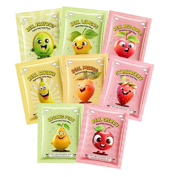 8 Pack Fruit Facial Mask Set – Hydrating & Brightening Combo Face Masks for All Skin Types, Natural Sheet Masks Gift Set, Hypoallergenic Spa Skincare for Women/Men, Soothe Sensitive Skin (8 Pcs-Set01)
