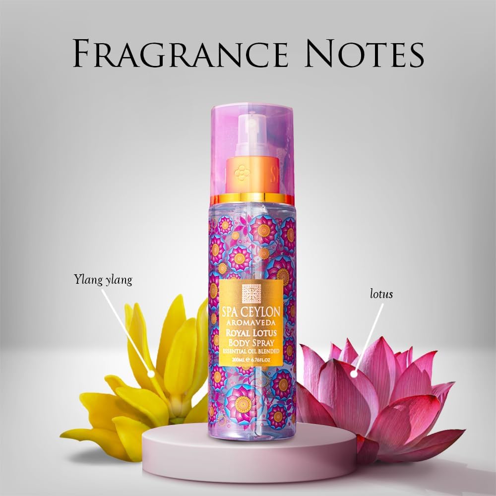 SPA CEYLON Royal Lotus Body Spray, Exotic Ylang Ylang Infused Fragrance Mist, Luxurious Women's Body Perfume for All-Day Freshness, 200 ml