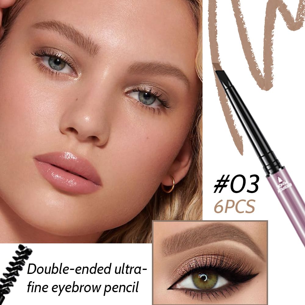 6 Pcs Light Brown Eyebrow Pencils for Women,with Spoolie Brush,Eyebrow Pencil Soft Textured,Waterproof Sweat-proof for Fills in Sparse Areas and Gaps Create a Natural Eye Brow,Vegan & Cruelty-Free