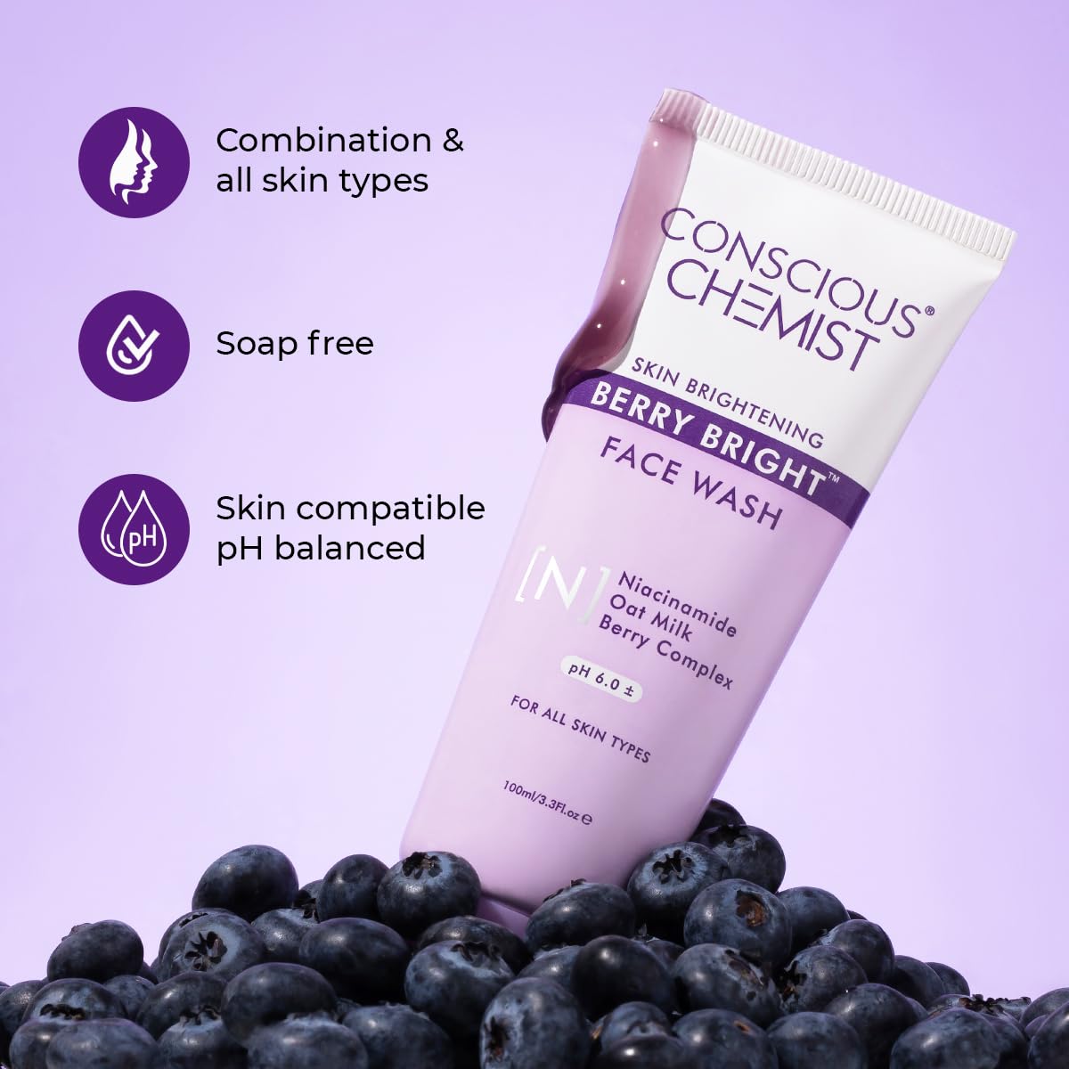 Conscious Chemist® Niacinamide Face Wash | 100ml | Pore Refining & Brightening Cleanser for Men & Women | With Blueberry & Açaí Berry Extracts | All Skin Types | Gentle & Cruelty-Free – Berry Bright