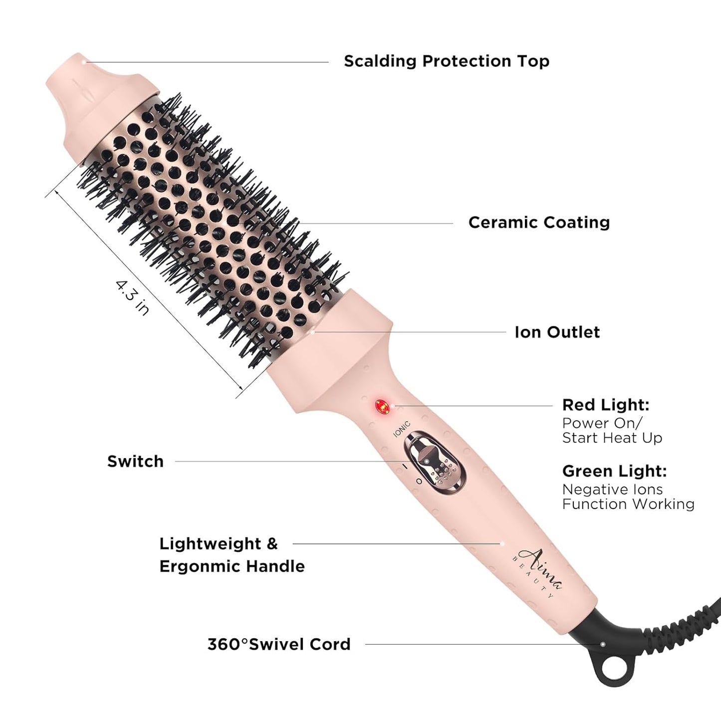 Aima Beauty Hair Curling Iron Brush, 1.5" 40mm Ceramic Hot Brush with Ion Technology for Root Volume and Quick Curls - Dual Voltage & 60Mins Auto-Off, Pink