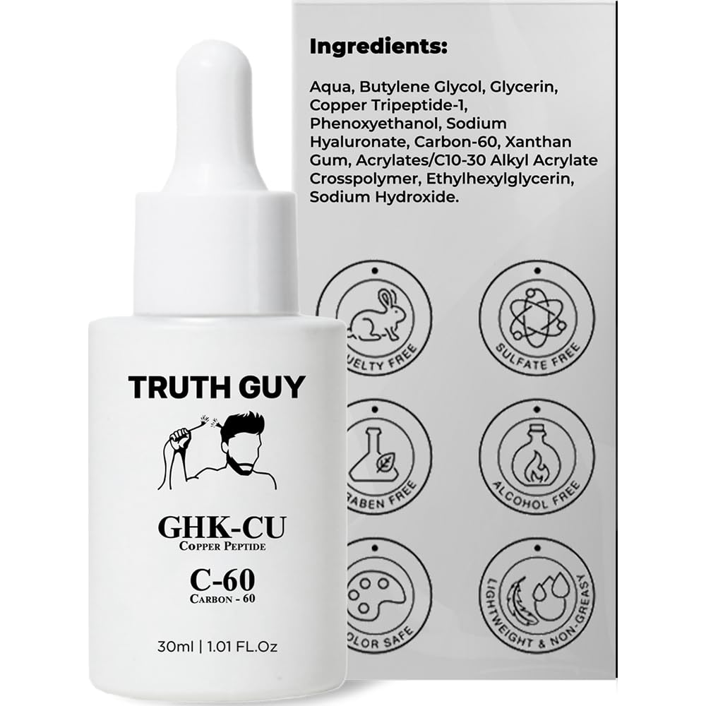 Truth Guy GHK-CU Copper Peptide Serum For Men and Women, With Carbon-60 for Fuller, Thicker Hair, Beard, Brows, and Lashes - One Month Supply
