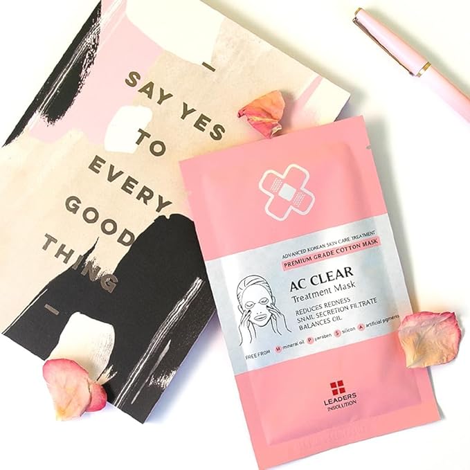 Leaders Insolution AC Clear Skin Clinic Mask | Snail Secretion & Tea Tree Oil for Acne, Redness, Oil Control | 100% Cotton Bemliese Sheet | Balances & Soothes Sensitive Skin (5 Sheets)