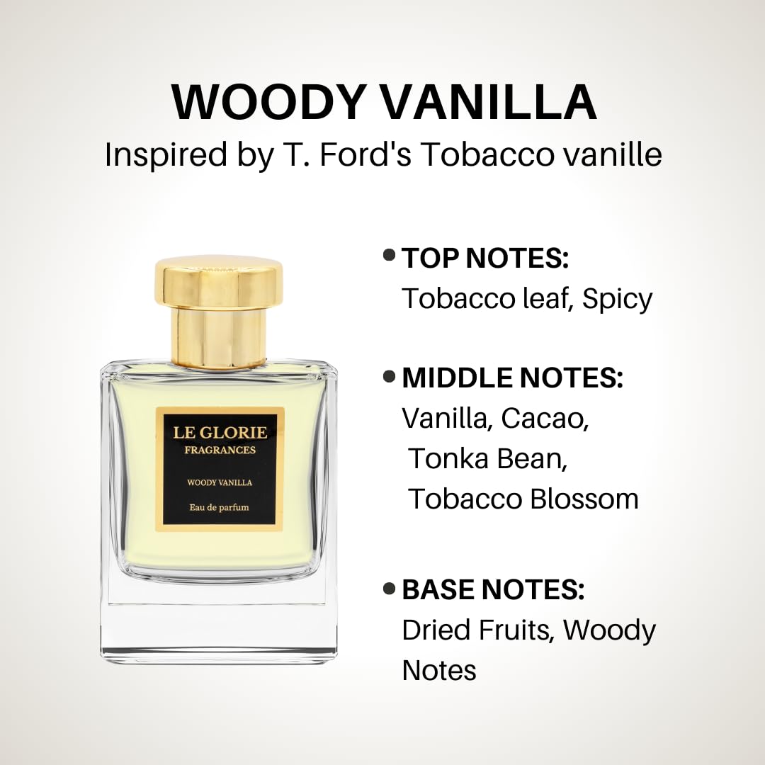 Inspired by T. F.ord Tobacco Vanille, Woody Vanilla EDP Long Lasting 12-14 Hours Perfume Spray for Men, Women, Unisex, All Skin Types, Cruelty Free - 0.33 oz 10ml