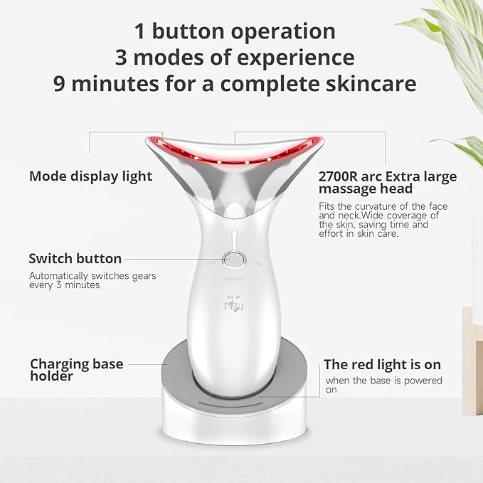 Ms.W Red Light Neck Face Massager, Facial Massager with Hot & Cold Modes for Skin Care, Vibration for Skin Tightening and Rejuvenation（White）