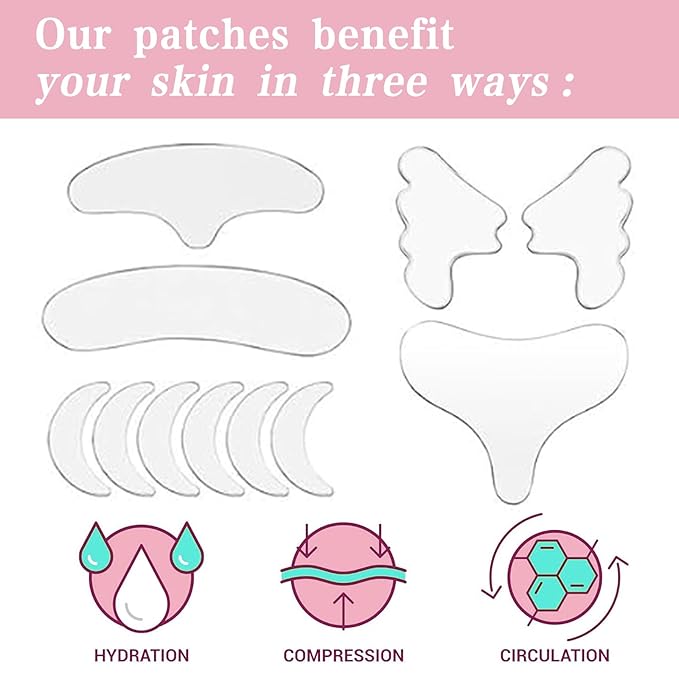 Medical Grade Silicone Anti-Aging Patches Set, 11 Pieces, Face and Neck Wrinkle Treatment Pads for Forehead, Eyes, Cheeks, Chest