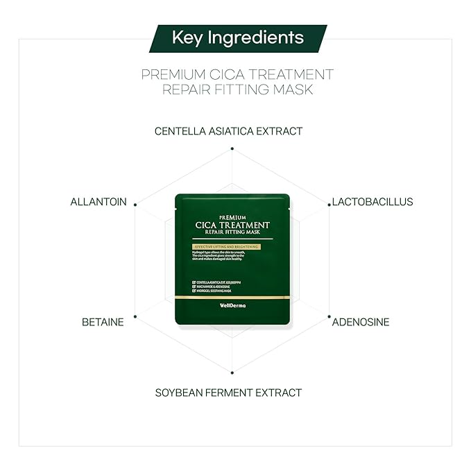 WELLDERMA Premium Cica Mask Treatment Repair Fitting Korean Mask 4Sheets hydrogel, centella Sensitive skin, Firming, soothing for Smooth & Clear Face Skin