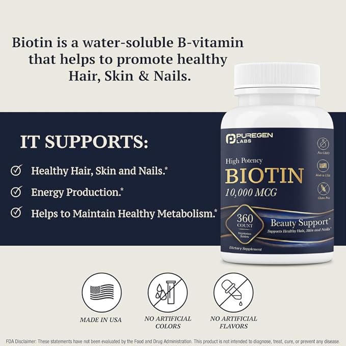 Puregen Labs Biotin 10,000 MCG Supports Healthy Hair, Skin & Nails - High Potency Beauty Support - Non-GMO, Gluten Free | 360 Vegetarian Tablets