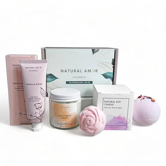Natural Amor Relaxation Spa Gifts for Women,4pcs Gift Box Including Candle, Hand cream, Bath Bomb