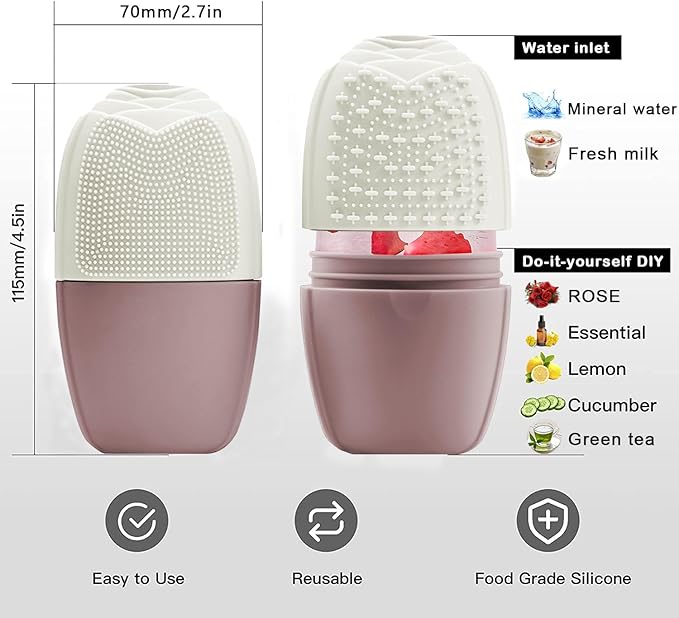 KOGITI Face Ice Roller & Mold - Beauty Facial Massage Tool for Puffiness Relief, Ice Cube Holder (Brush-Brown)