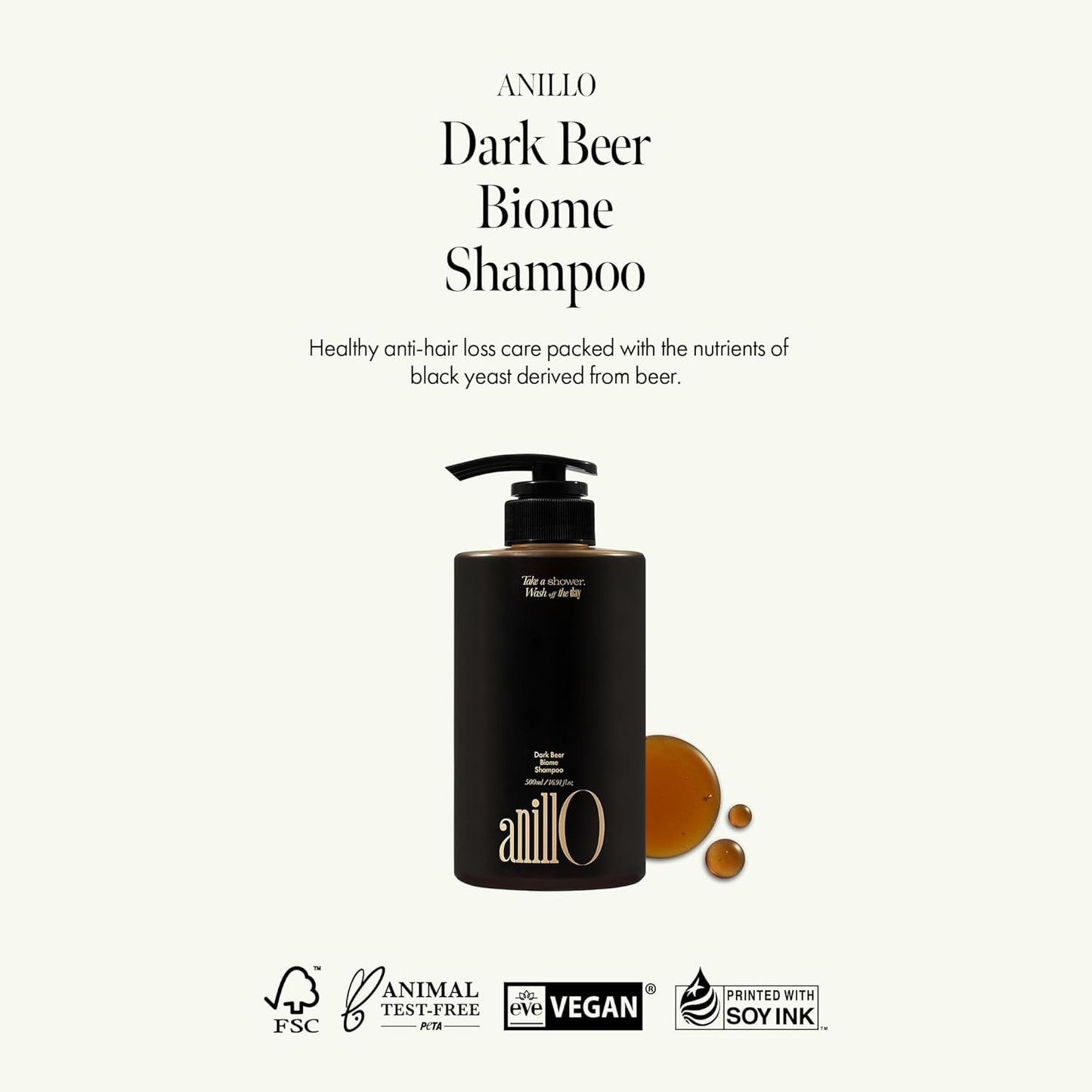 ANILLO Dark Beer Biome Shampoo - Vegan Thicker Hair & Sclap Care with Caffeine & Green Mint Complex for Volumizing Hair- Deep Cleansing, Oil Control & Cooling Effect, Sulfate-Free 500 ml / 16.9 fl oz