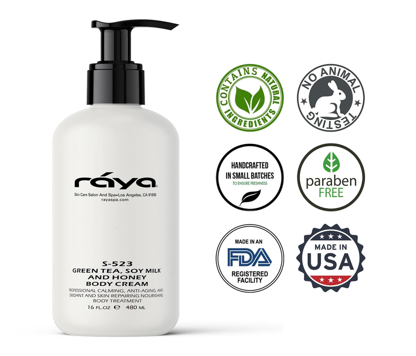 Raya Green Tea, Soy Milk, and Honey Body Cream 16 oz (S-523) | Nourishing, Calming, and Anti-Aging Body Cream | Protects and Refines Skin