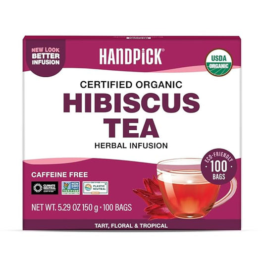 HANDPICK, Organic Hibiscus Tea Bags (100 Tea Bags) | Caffeine-Free, 100% Natural Pure Indian Hibiscus Flowers | Ayurvedic Benefits in every sip
