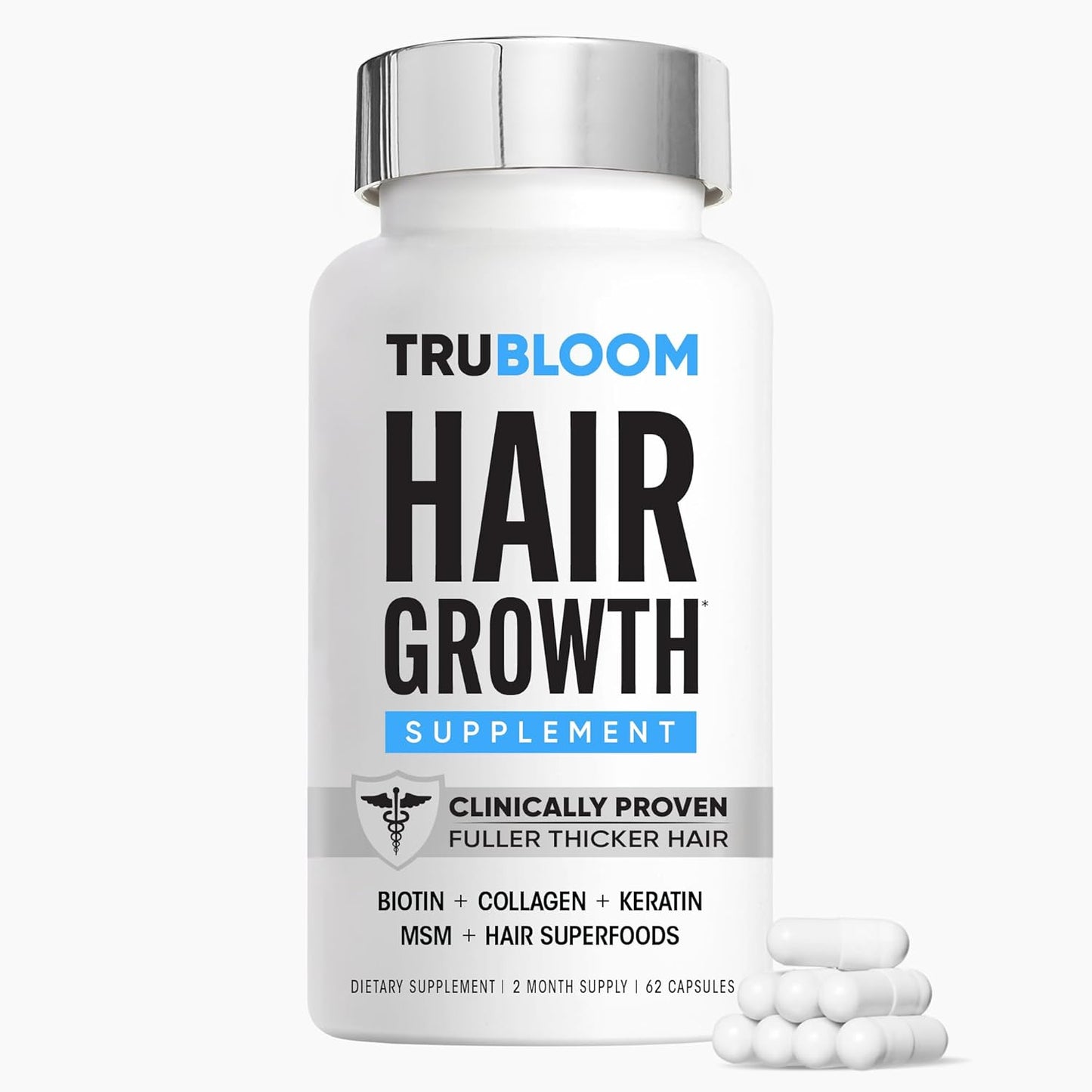 Tru Bloom Hair Growth Vitamins - 2 Month Supply. Clinically Proven to Grow Fuller, Thicker Hair. Drug-Free with Biotin, Collagen, Keratin, MSM, Zinc, D3 + Hair Superfoods