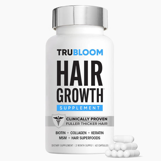 Tru Bloom Hair Growth Vitamins - 2 Month Supply. Clinically Proven to Grow Fuller, Thicker Hair. Drug-Free with Biotin, Collagen, Keratin, MSM, Zinc, D3 + Hair Superfoods