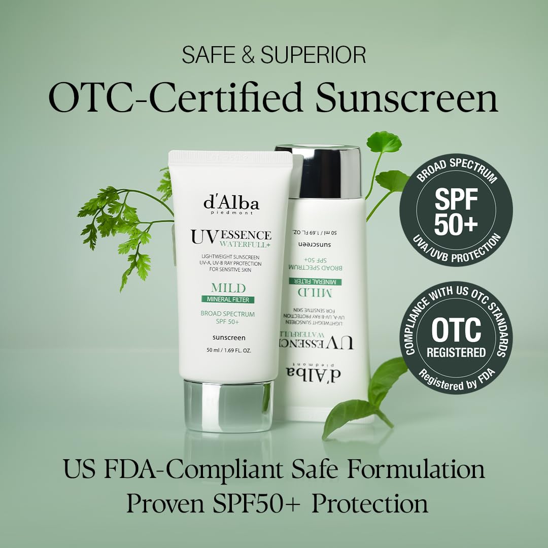 d'alba Piedmont Italian White Truffle Waterfull Mild Sunscreen, Vegan, Mineral Sunscreen, BROAD SPECTRUM SPF 50+ Non-Nano Suitable for Sensitive Skin, Korean Skin Care (1.69 fl. oz)