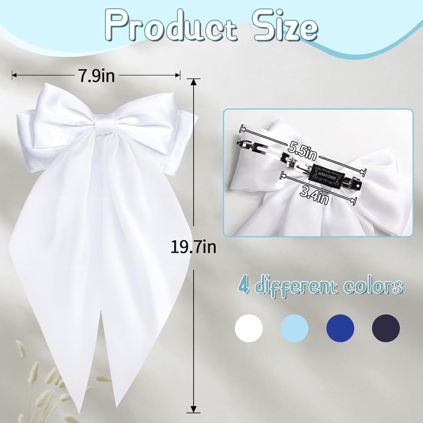 Silky Satin Hair Bows for Women Girls - 4PCS Ribbon Bows for Hair, Big Bow Hair Clips with Long Tail, Barrettes - Cute Hair Accessories Gifts (Navy, Royal Blue, Blue, White)