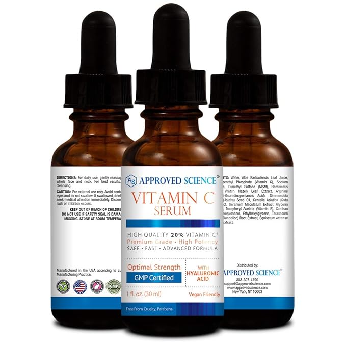 Approved Science® Vitamin C Serum for Face and Skin - 20% Vitamin C, Sodium Hyaluronate, Vitamin E - Vegan Friendly - 3 Serums