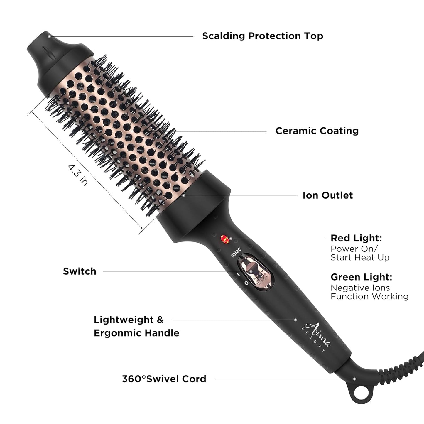 Aima Beauty Hot Brush, 1.3"/35mm Heated Curling Brush, Ion Hair Care Thermal Round Brush Makes Hair Smoother & Softer, Create Voluminous Curls Effortlessly, Dual Voltage, 60Mins Auto-Off, Black