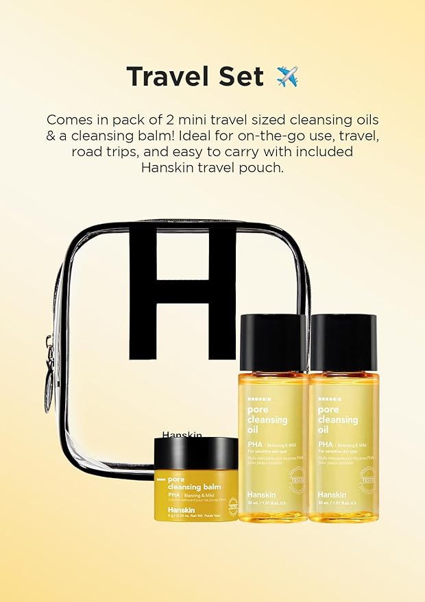 Hanskin PHA Pore Cleansing Oil and Cleansing Balm, Sample Trial Size, Travel Size Mini Makeup Remover Set, Gentle Blackhead Cleanser for Sensitive Skin [30 ml/Pack of 2] + [8g/Balm]