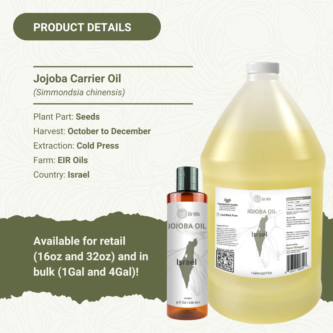 Jojoba Oil - Direct from EIR Oils' Farm in Israel - 100% Pure Carrier Oil for Hair, Face, and Skin - Hand-Picked, Cold-Pressed Carrier Oil (4 Gallons)