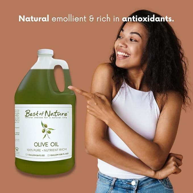 Best of Nature 100% Pure Olive Massage & Body Oil - Cold Pressed, Unscented Moisturizer for Skin & Hair, Bath Oil, Half Gallon (64 fl oz)