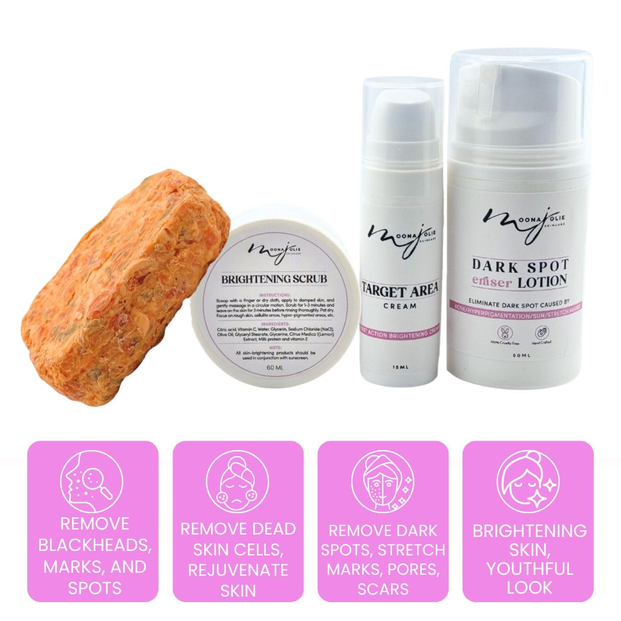 Moona Jolie LIMITED EDITION KIT Mini Full Body & Face Exfoliating Kit | Exfoliating Soap, Nourishing Cream, Hydrating Lotion & Body Scrub – Promotes Smooth, Radiant, Even-Toned Skin