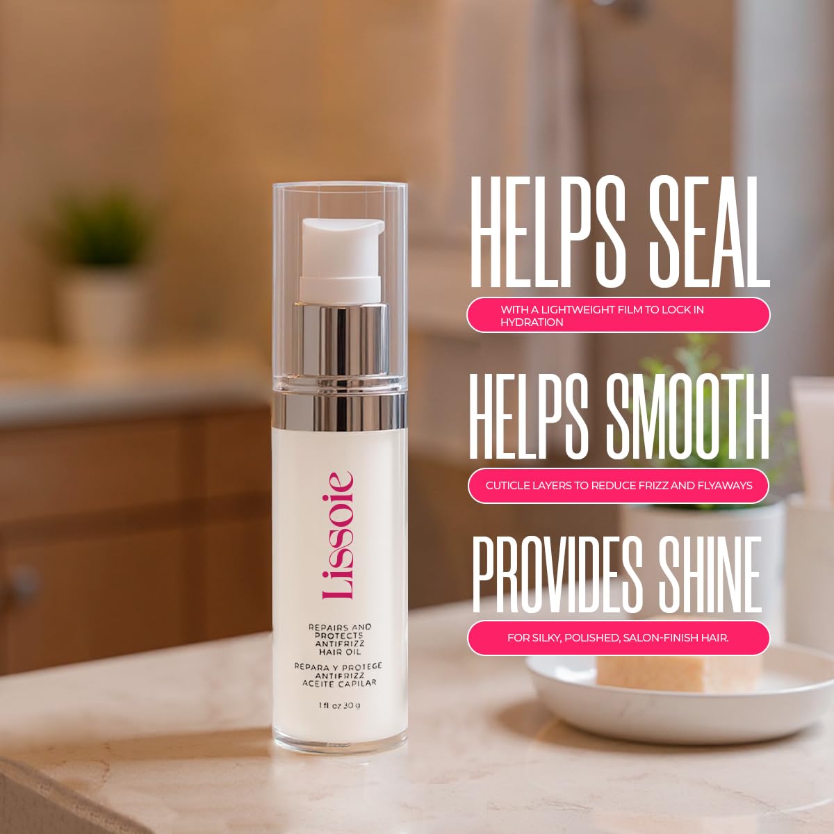 Weightless Shine Hair Serum Oil 1 fl oz – Squalane, Avocado & Argan – 48-Hr Hydration, Frizz Tamer, Heat + UV Shield up to 450 °F – Non-Greasy, Paraben & Cruelty-Free Pump Dispenser