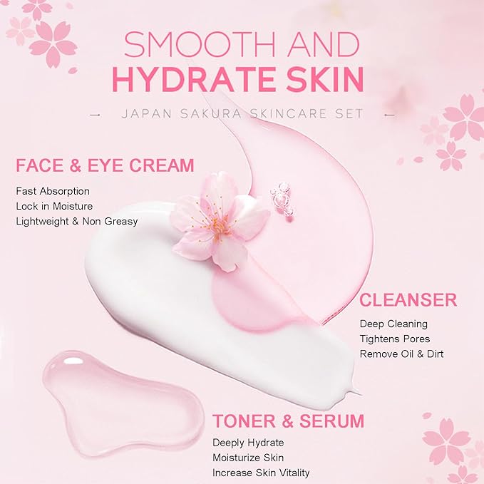 Skincare Set Japan Sakura Skin Care Set - Skincare Kits Gifts for Teen Girls, Travel Kit for Women Skin Care Routine Kit: Cleanser, Toner, Serum, Eye Cream, Face Cream, Beauty Christmas Gifts Set