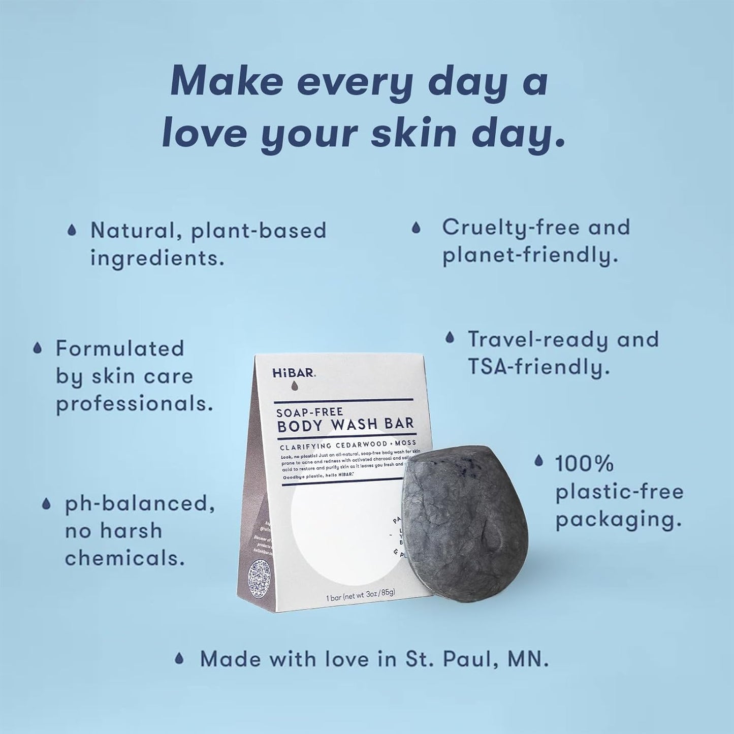 HIBAR - Clarify Solid Body Wash Bar - Detoxify & Purify - With Activated Charcoal & Salicylic Acid - Daily Use & Sensitive Skin - Plastic, Paraben & Soap-Free - Vegan - Cedarwood + Moss