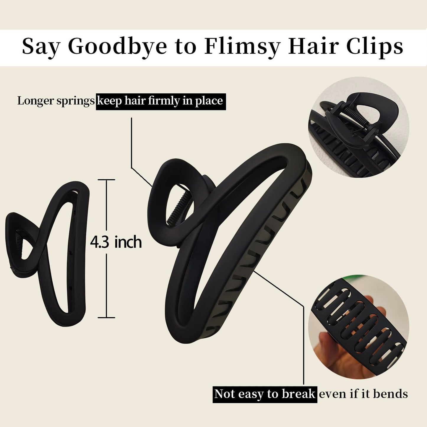 Big Hair Claw Clips, 4.3 Inch Large Non-Slip Unbreakable Hair Clip Claw for Women Thick Curly Long Hair, 2 Pack