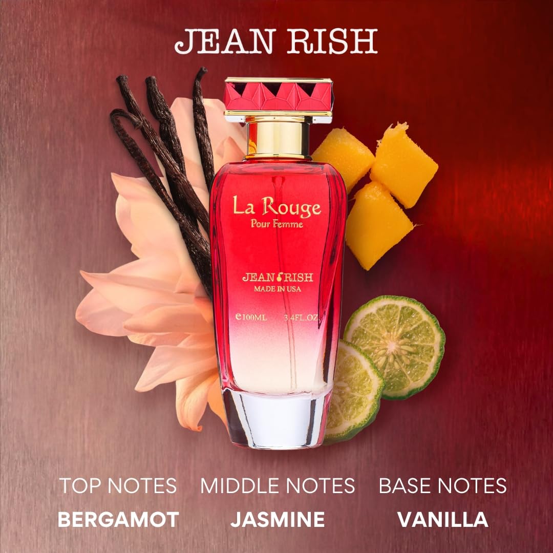 Jean Rish La Rouge Eau De Parfum - Perfume for Women (3.4 Fl Oz / 100ml) with Bergamot, Jasmine & Vanilla Notes - Long Lasting and Luxury Fragrance, Made in USA