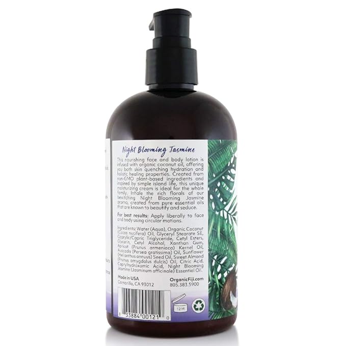 Coco Fiji Face & Body Lotion Infused With Coconut Oil | Lotion for Dry Skin | Moisturizer Face Cream & Massage Lotion for Women & Men | Night Blooming Jasmine 12 oz, Pack of 3