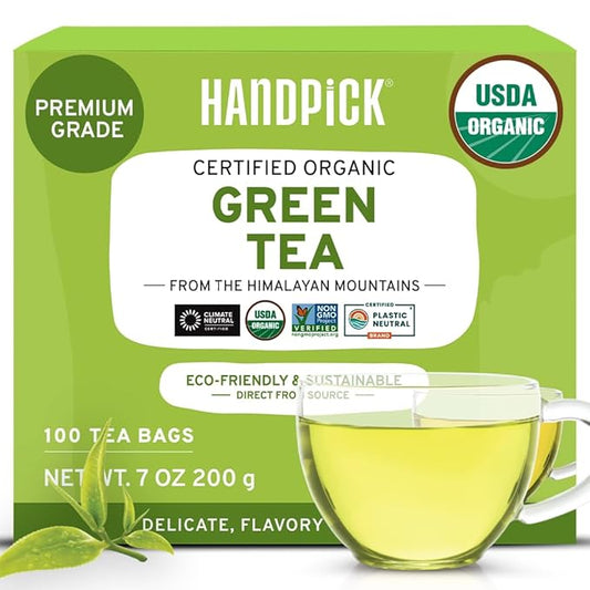 HANDPICK, Organic Green Tea Bags - 100 Eco-Friendly Tea Bags | USDA Organic | Resealable Pack for Freshness | Delicate & Flavory | Direct From India