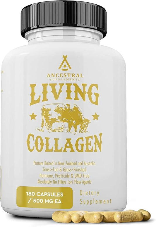 Ancestral Supplements Grass Fed Beef Living Collagen Nutritional Powder Supplement, 3000mg, Promotes Healthier, Younger Looking Skin, Hair, Nails and Joints, Type II, 180 Capsules