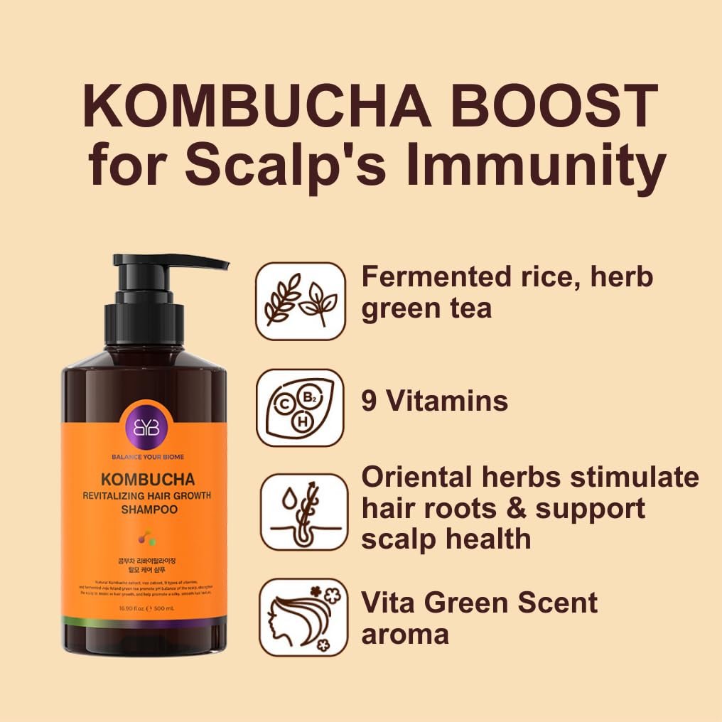 BALANCE YOUR BIOME Kombucha Revitalizing Hair Growth Shampoo,K-Beauty,Scalp pH Balance, for Hair Loss, Fermented Kombucha Extract, Rice, Green Tea, 9 types of Vitamins,16.9 fl.oz.500ml,No Silicone