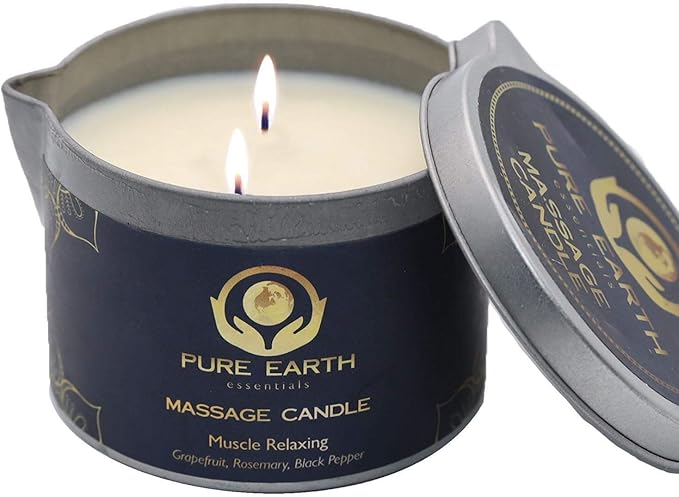 Muscle Relaxing Massage Oil Candle - Valentines Gift, Scented Massage Oil Candles for Relaxation and Home Spa (160 Grams or 6 oz.) - with Grapefruit, Rosemary, Black Pepper - by PURE EARTH essentials