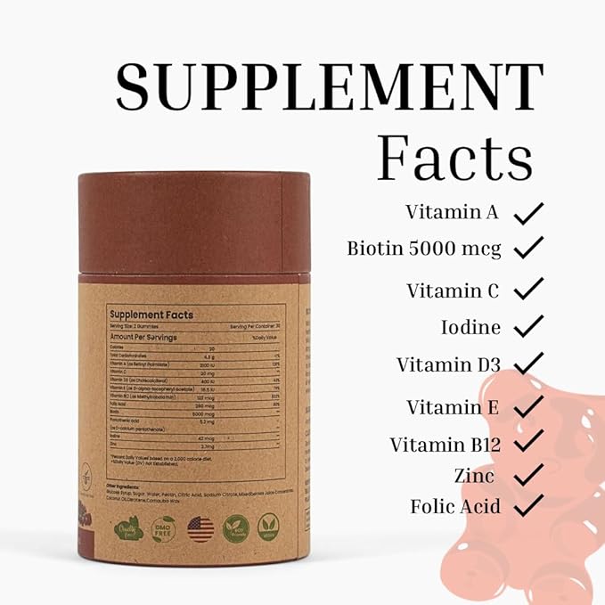 Biotin 5000mcg Gummies with VIT A, B12, C, D3, E + Folic Acid (Vegan Biotin)