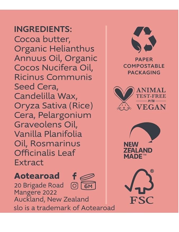 Slo | Natural Moisturising Stick - All Natural Ingredients, Vegan & Cruelty Free, Hydrating, Plastic Free, Paper Packaging | Rose + Vanilla, (2.11oz/60g)