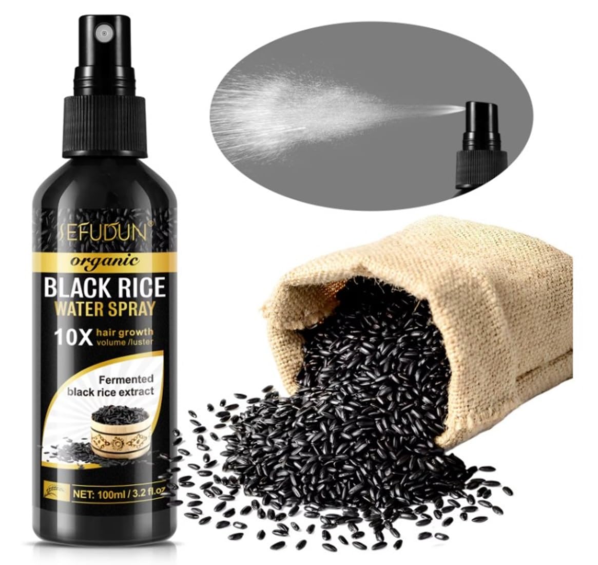 Organic Black Rice Water Spray for Hair Growth, with Castor Oil & Ginger Root Extract for Thicker, Fuller Hair, Helps in Hair Loss and helps Repair Damage 100ml/3.2 fl. Oz (1 PC) - ActivePur