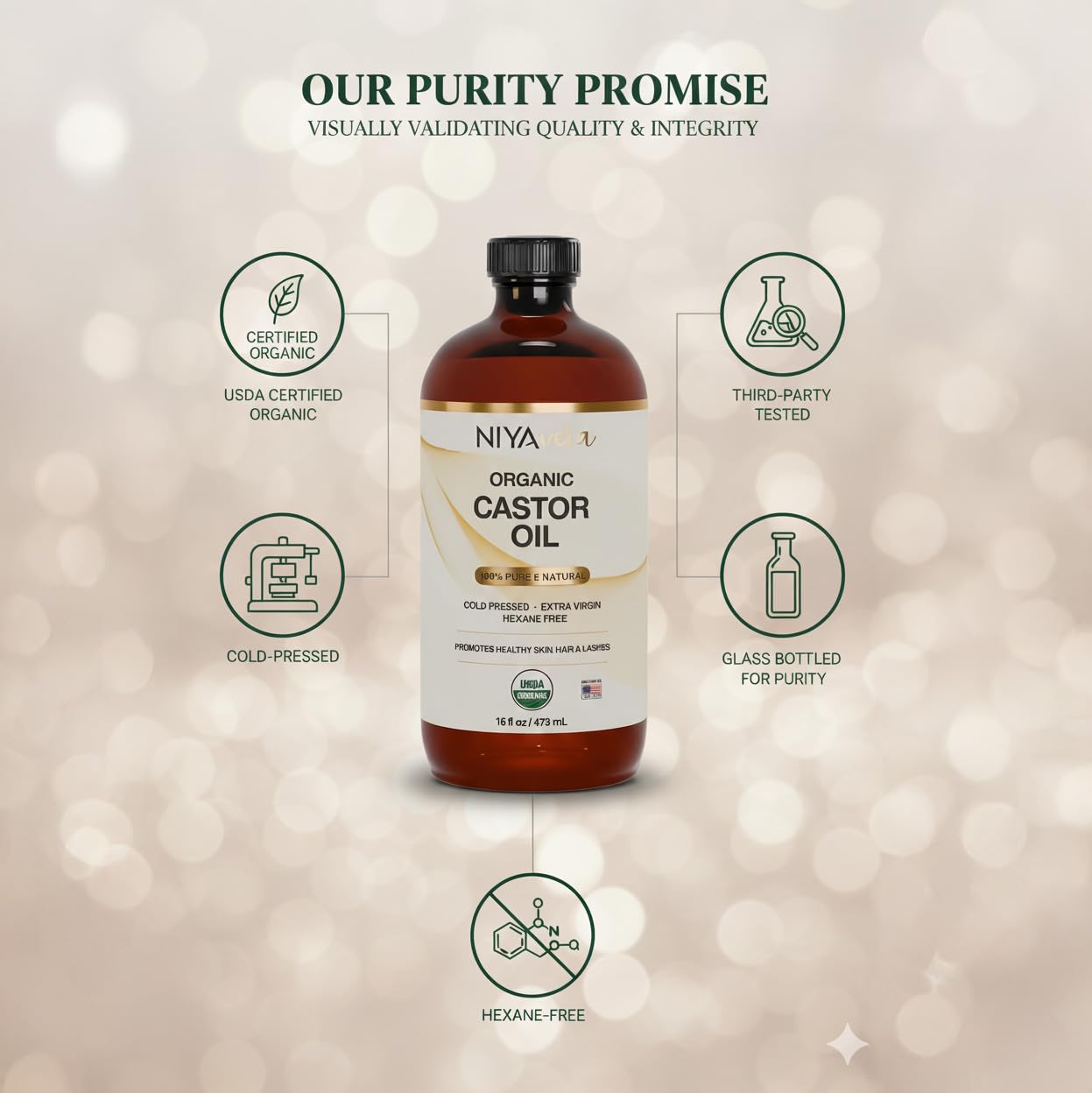 Niyavera Organic Castor Oil USDA Certified 16oz - 100% Pure Golden Cold Pressed Unrefined Hexane Free for Hair Growth, Eyelashes, Eyebrows, Skin - Glass Bottle with Pump