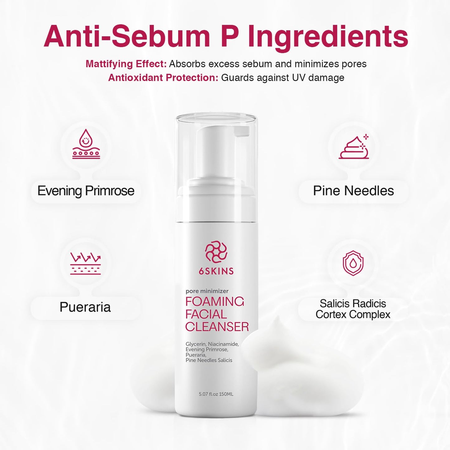 6SKINS® Pore Minimizer Foaming Facial Cleanser – Exfoliating Face Wash with Anti-Sebum P, Niacinamide & Evening Primrose | Gentle Hydrating Korean Face Wash for All Skin Types | 5.07 fl oz