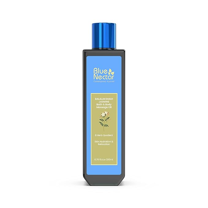 Blue Nectar Sensuous Jasmine Body Massage Oil for Relaxing Massage Therapy with Essential Oils | 100% Natural Ingredients (8 Herbs, 6.76 fl oz)